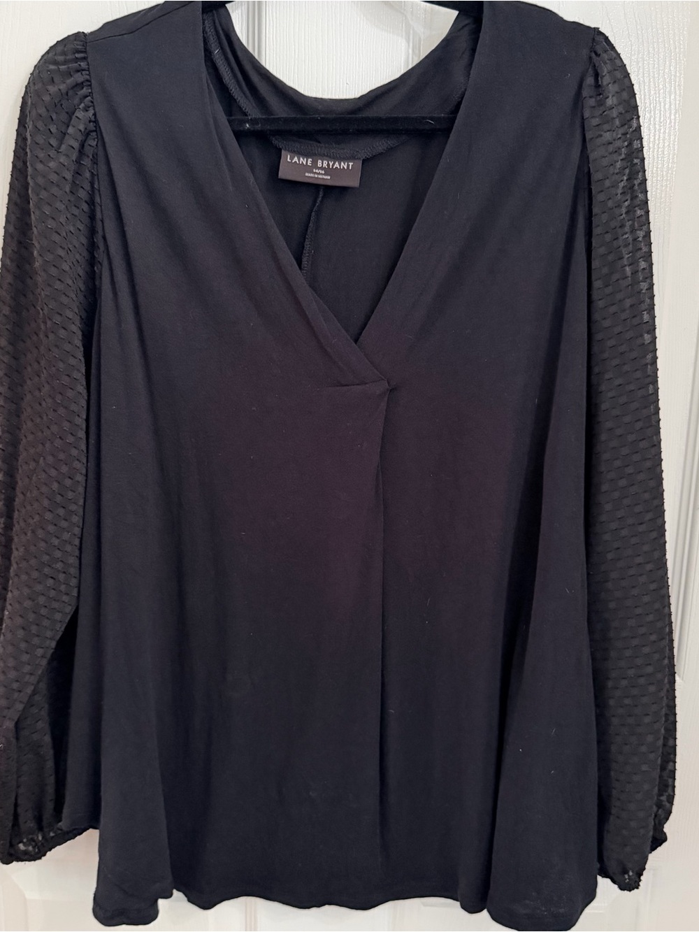 Lane Bryant Black V-Neck Long Sleeve Blouse with Sheer Textured Sleeves